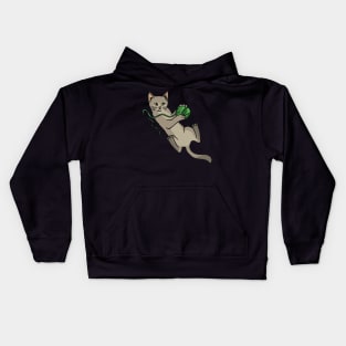 A cute cat playing with a green woolball Kids Hoodie